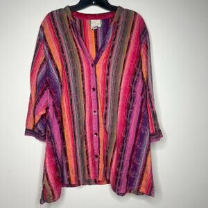 THE TERRITORY AHEAD Striped Colorful Button Up Shirt Sz 3X Boho 3/4 Sleeve Tunic